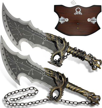 Blades of Chaos Twin Blades with Stainless Steel Blades, Zinc Alloy Handles, and Wooden Display Plaque