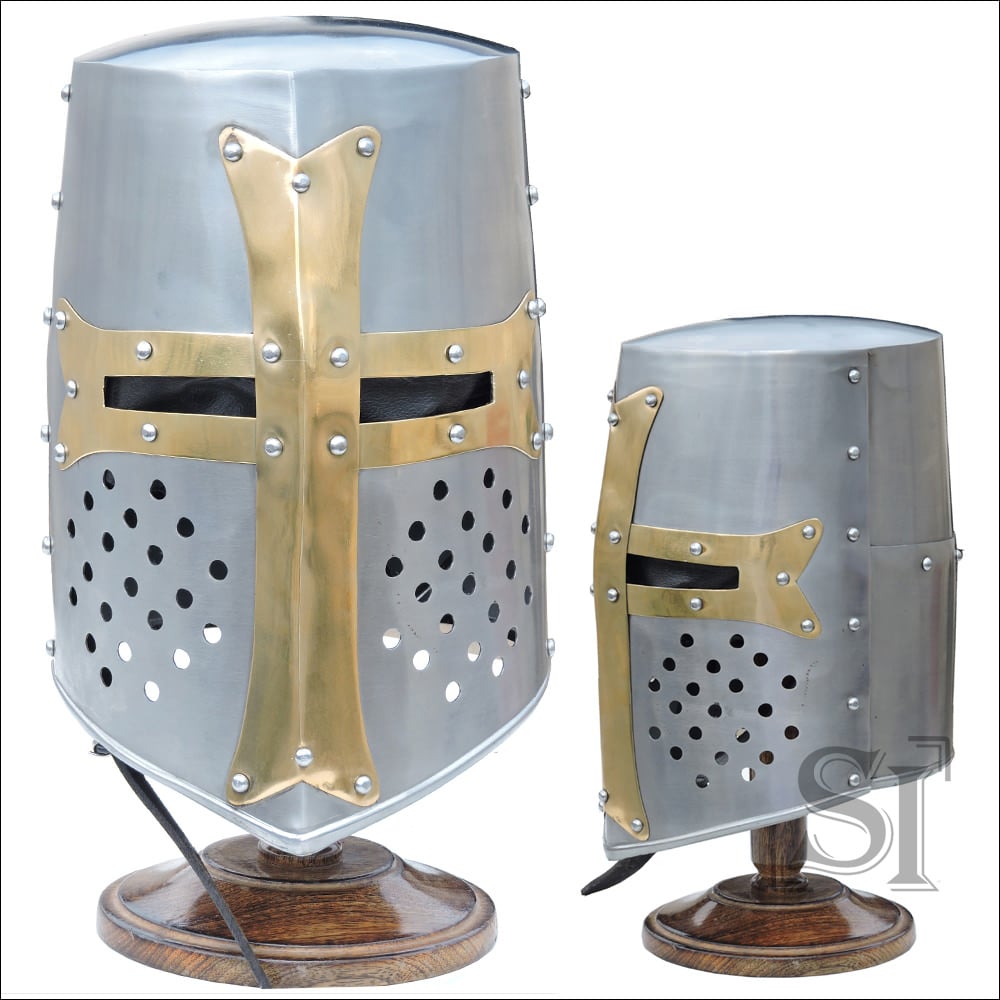 Barrel Brass Helm Crusader Great Helmet with Stand