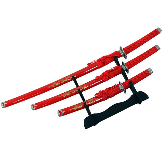 3 Pc Japanese Samurai Katana Red Sword Set