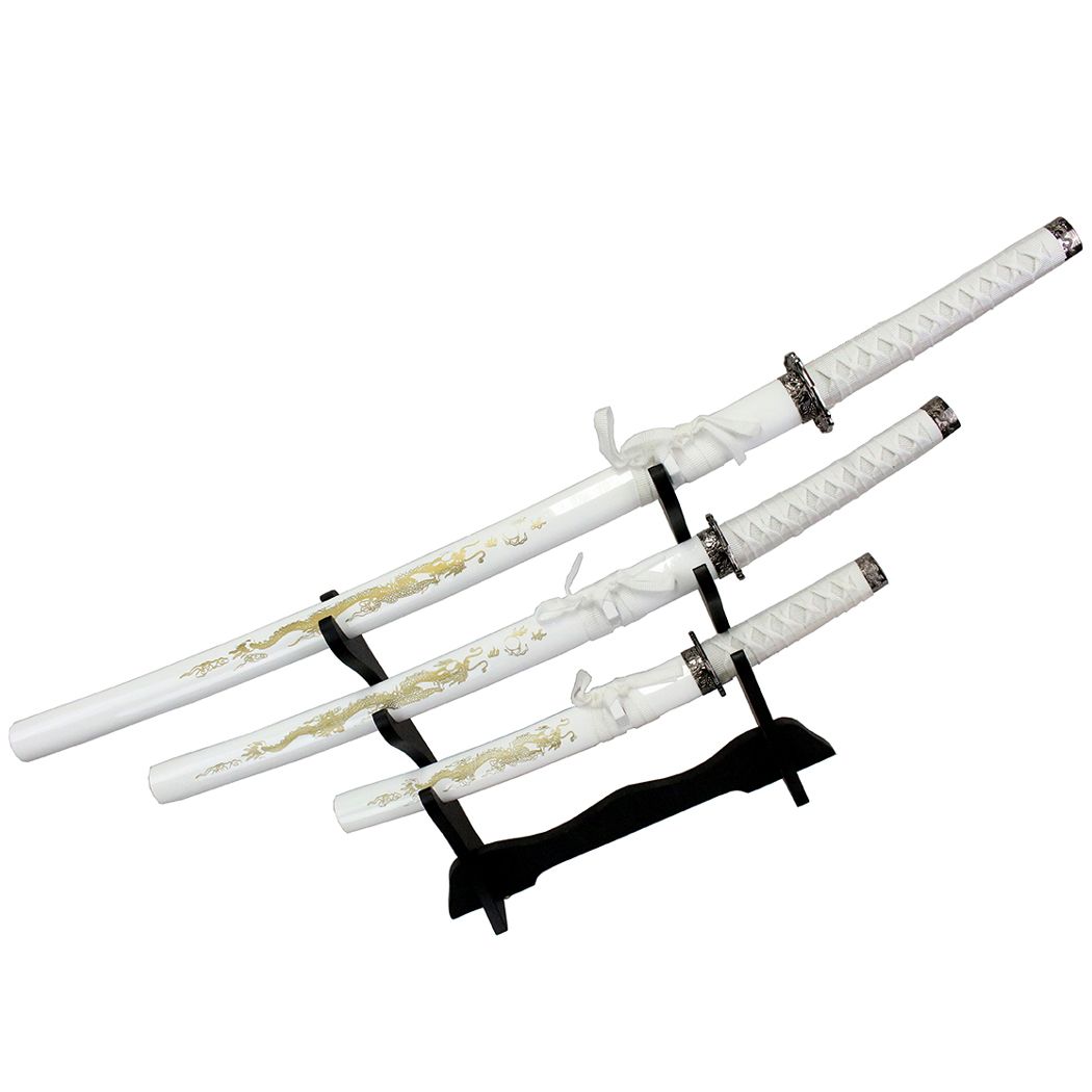 3 Pc Japanese Samurai Katana White Sword Set